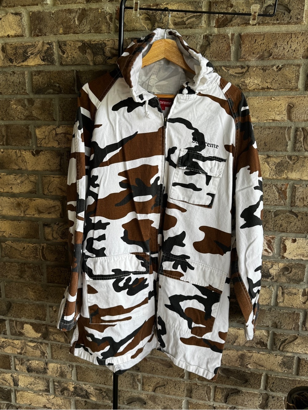 Supreme Twill Zip Parka FW16 Brown Camo Hooded Jacket Size L Streetwear